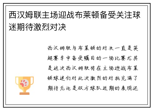 西汉姆联主场迎战布莱顿备受关注球迷期待激烈对决