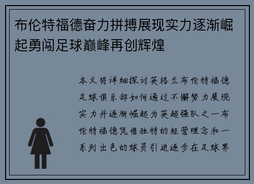 布伦特福德奋力拼搏展现实力逐渐崛起勇闯足球巅峰再创辉煌