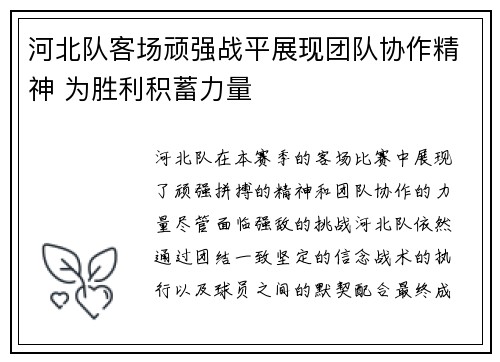 河北队客场顽强战平展现团队协作精神 为胜利积蓄力量