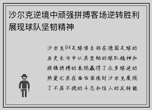 沙尔克逆境中顽强拼搏客场逆转胜利展现球队坚韧精神